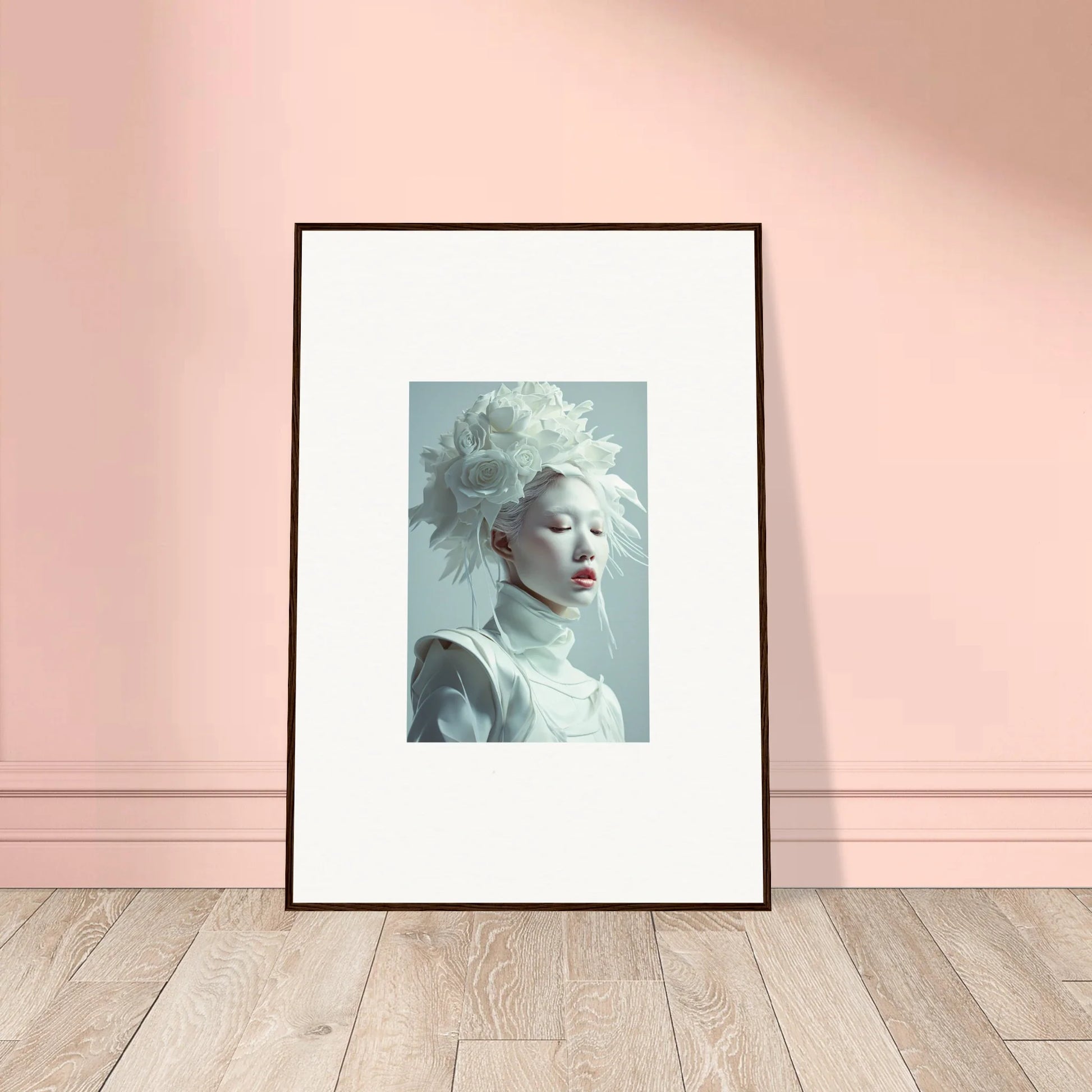 Framed wall art of a person with striking white hair for unique room decor