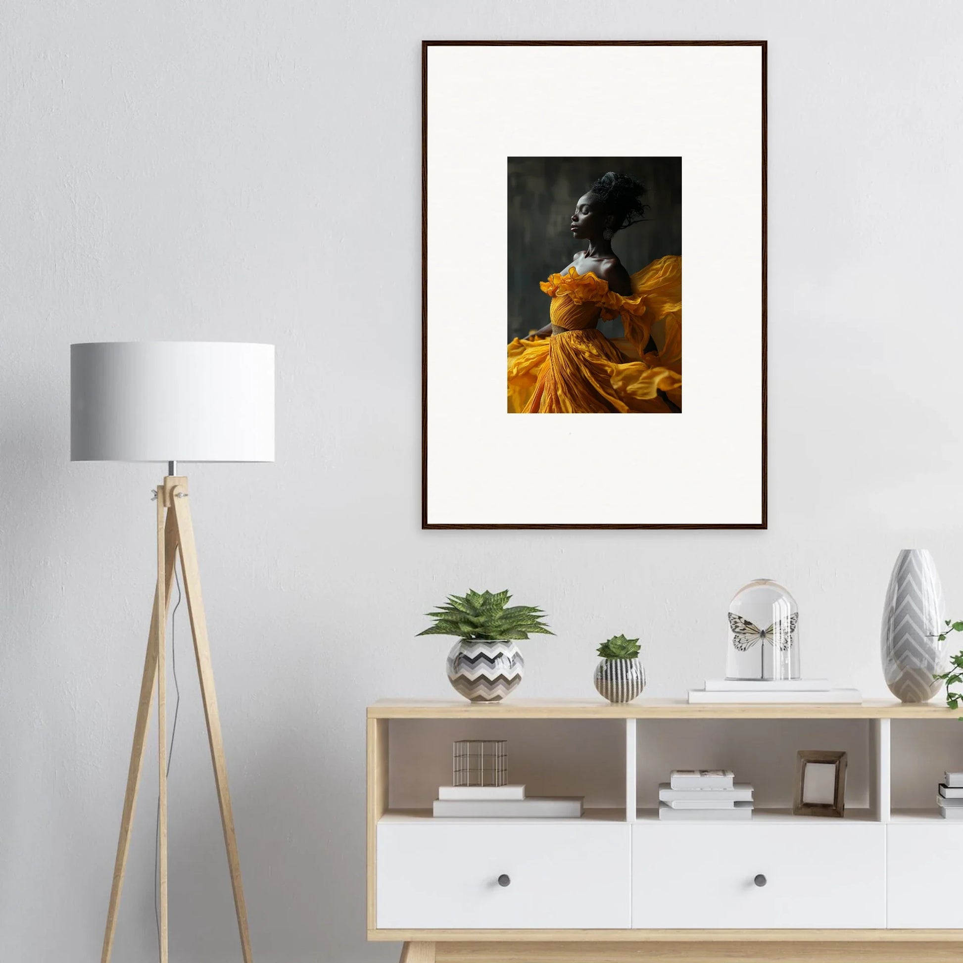 Framed wall art of a person in a yellow dress showcasing Silence Rapture for room decor