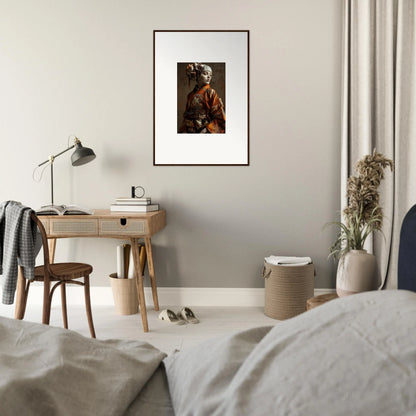 Framed wall art of a person in a colorful kimono, shadows whispering in room decor