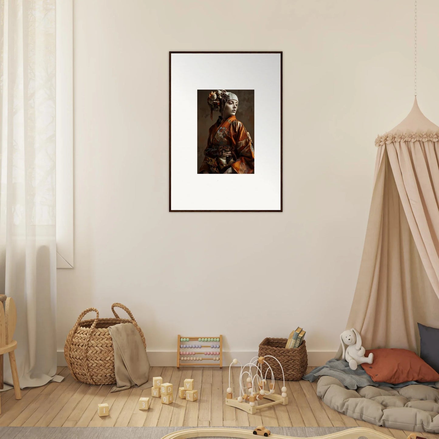 Framed wall art of a person in traditional Japanese attire with shadows whispering motifs