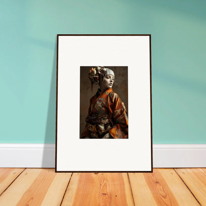 Framed wall art of a person in an orange kimono with shadows whispering decor