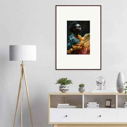 Framed portrait photograph featuring a person with colorful, abstract elements.