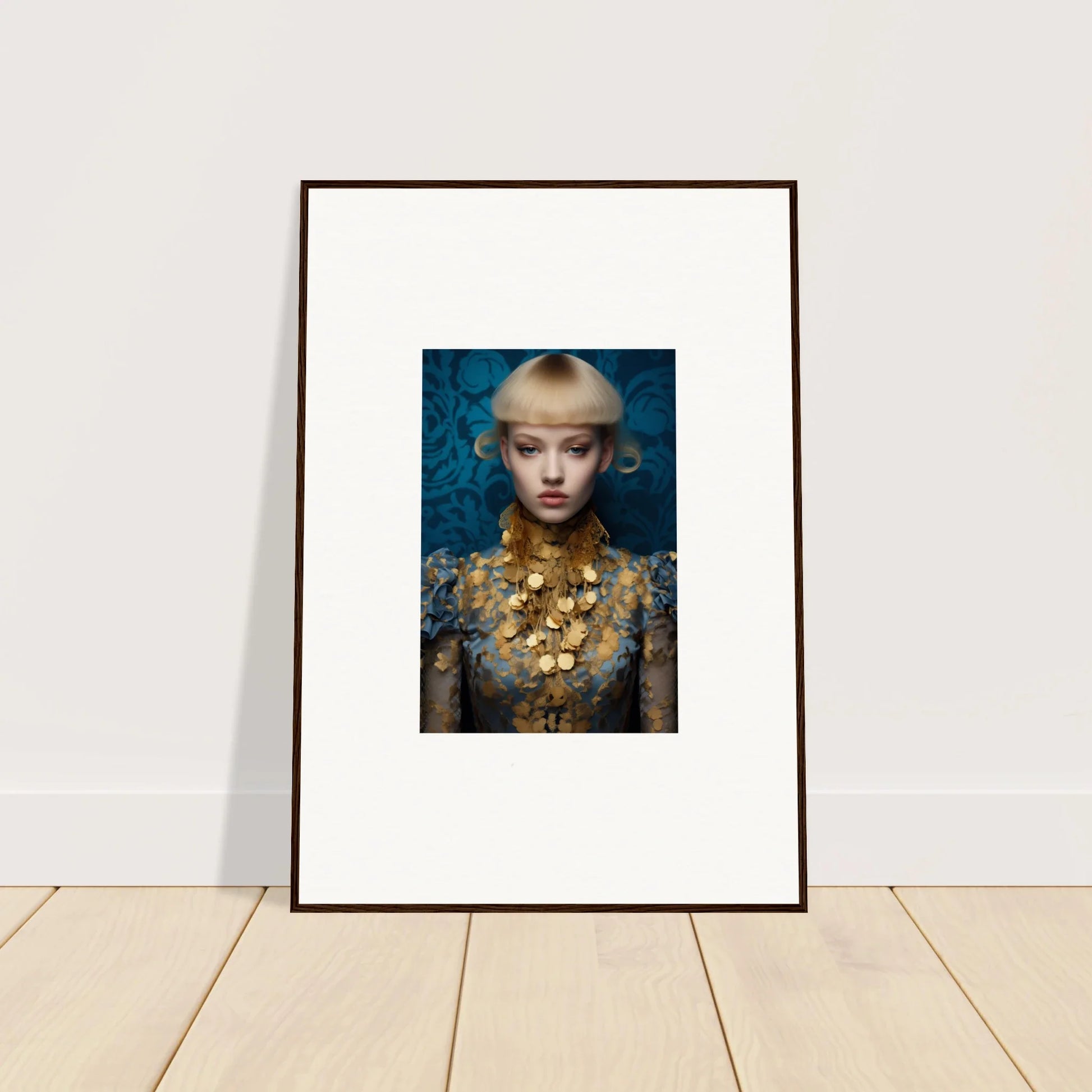 Framed wall art featuring a person in ornate gold jewelry on blue background, perfect room decor