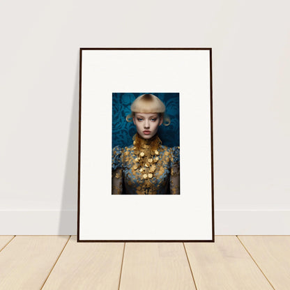 Framed wall art featuring a person in ornate gold jewelry on blue background, perfect room decor