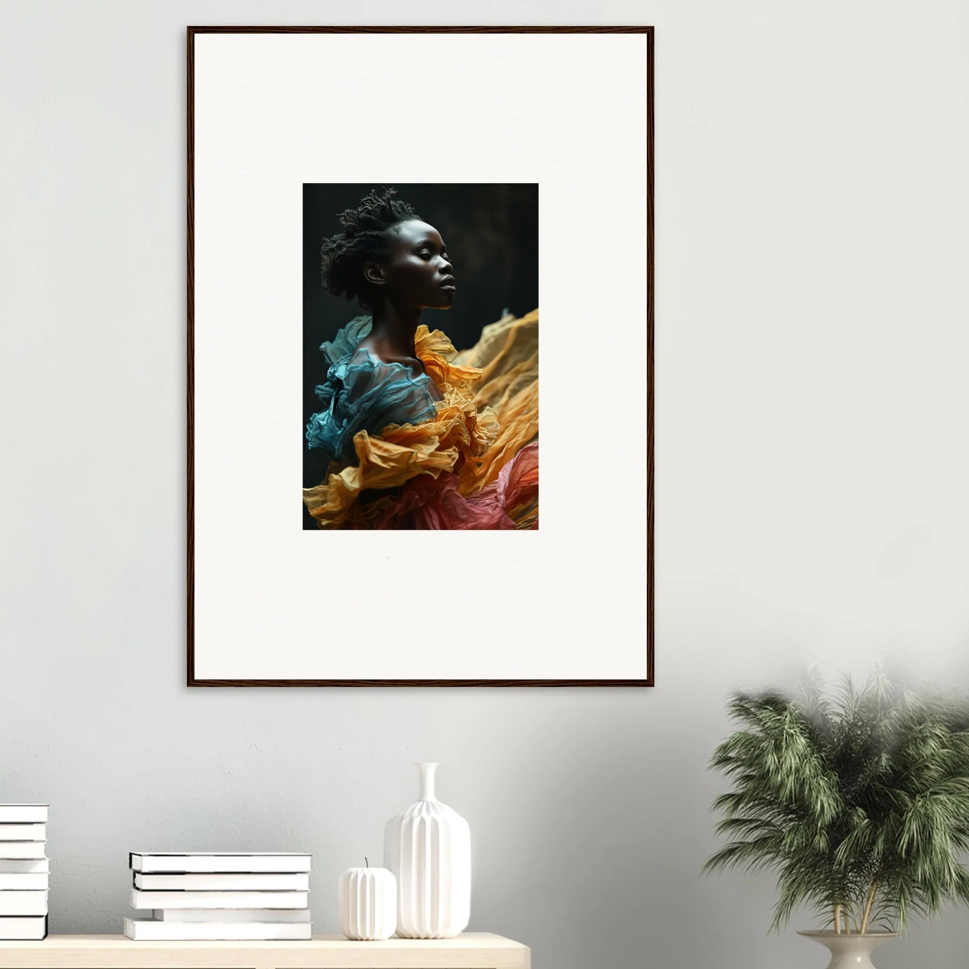 Framed portrait photograph of a person surrounded by colorful, billowing fabric.