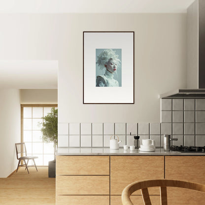 Framed wall art of a florid creature profile in stylish kitchen room decor