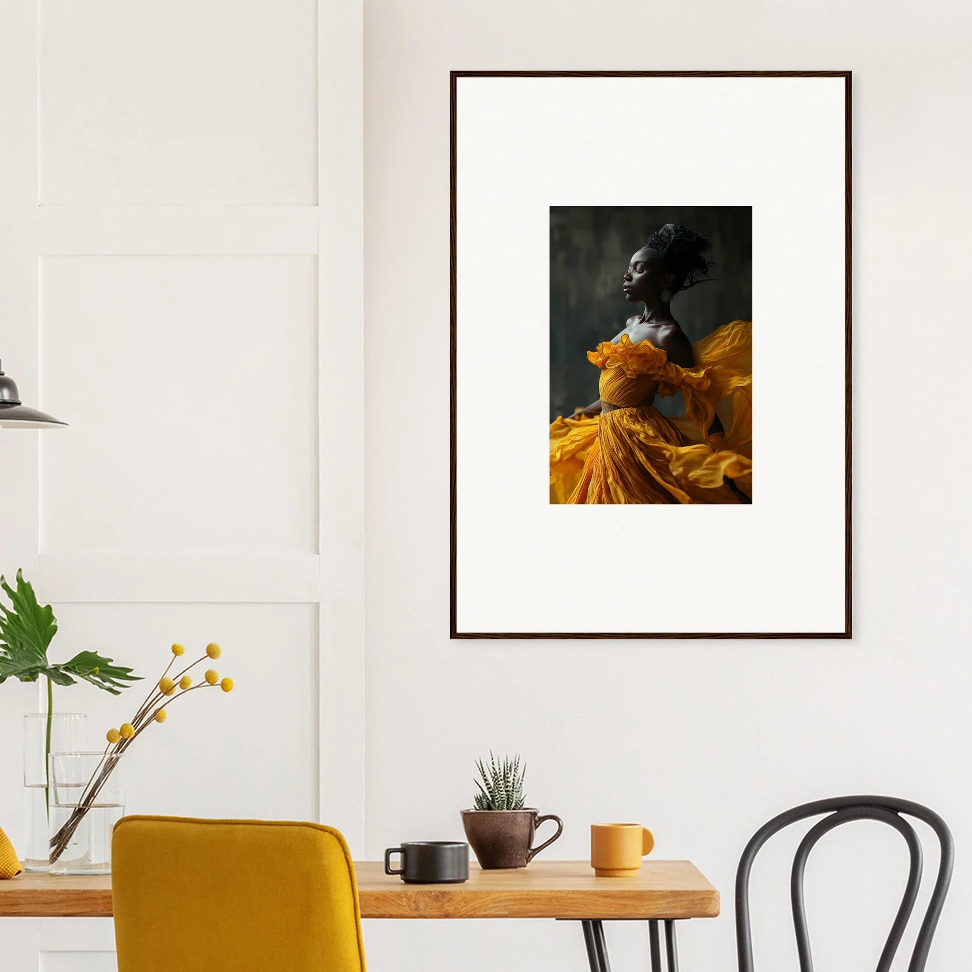 Framed wall art of a person in a yellow dress for elegant room decor, Silence Rapture