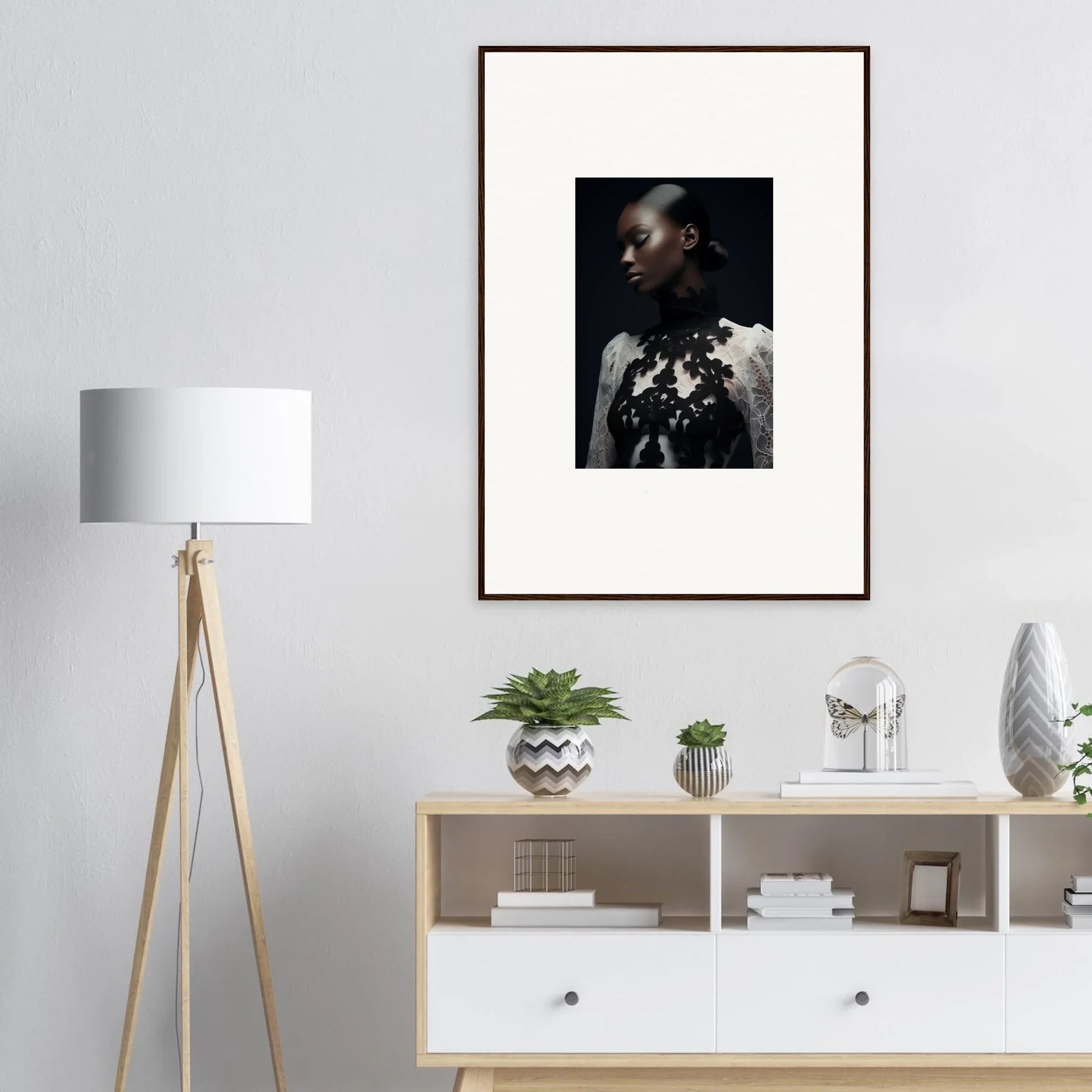 Framed wall art of a person with dark skin, perfect for modern room decor