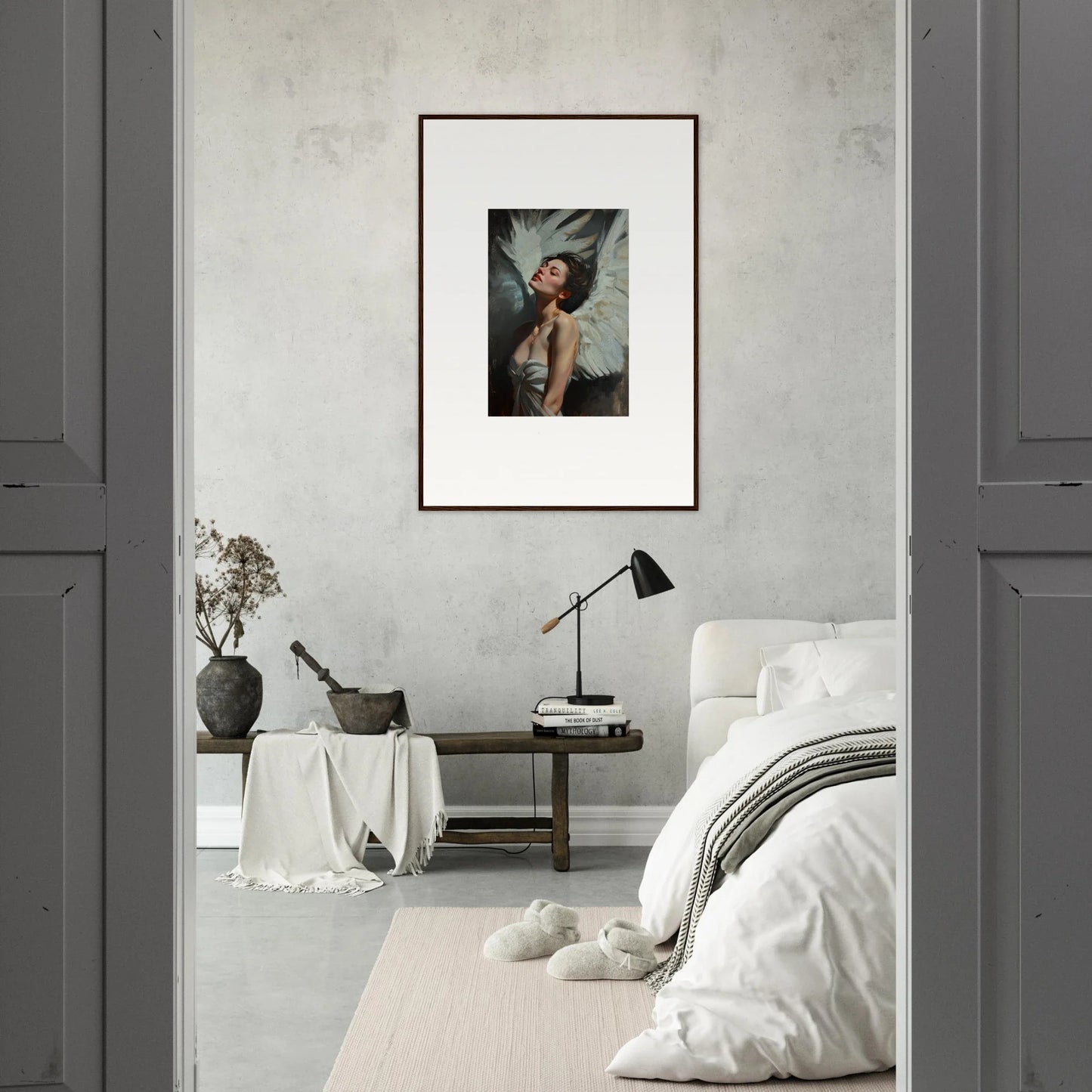 Framed wall art featuring a person gazing upward, enhancing room decor with feathered elegance