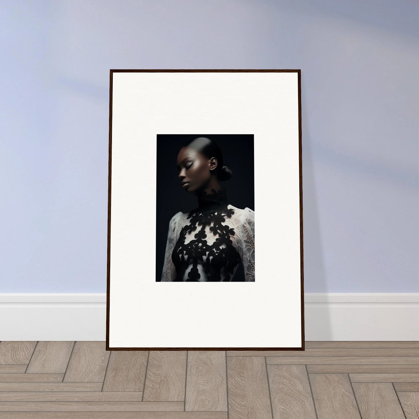 Framed wall art featuring a person with dark skin in a floral white top for room decor