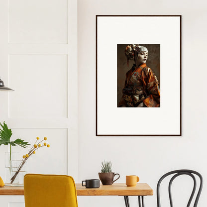 Framed wall art of a person in traditional clothing with shadows whispering