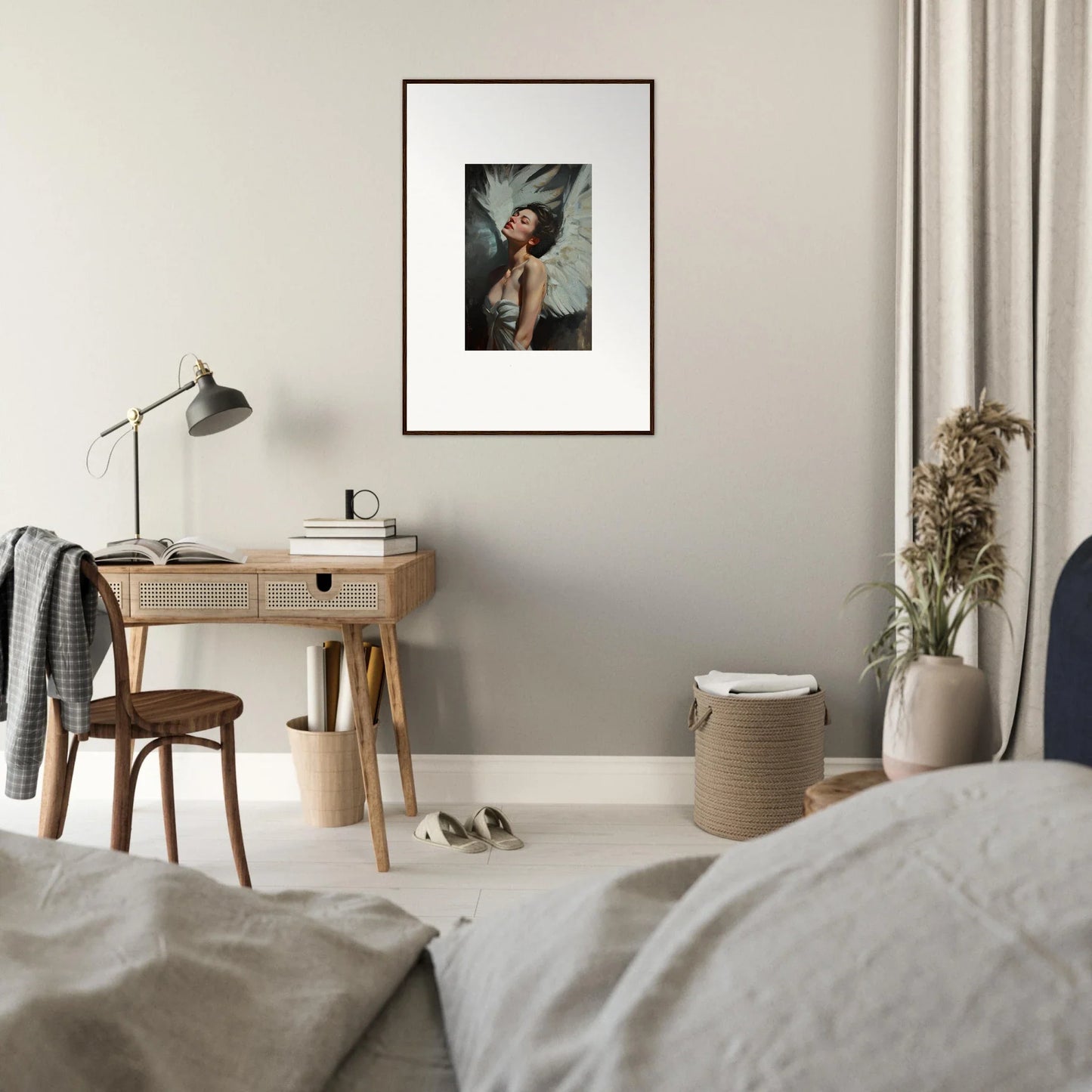 Framed wall art of a person with wings showcasing feathered elegance for stylish room decor