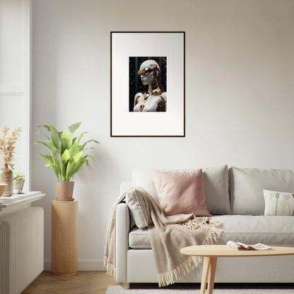 Framed wall art of a person in sunglasses and pearl necklace, perfect for room decor