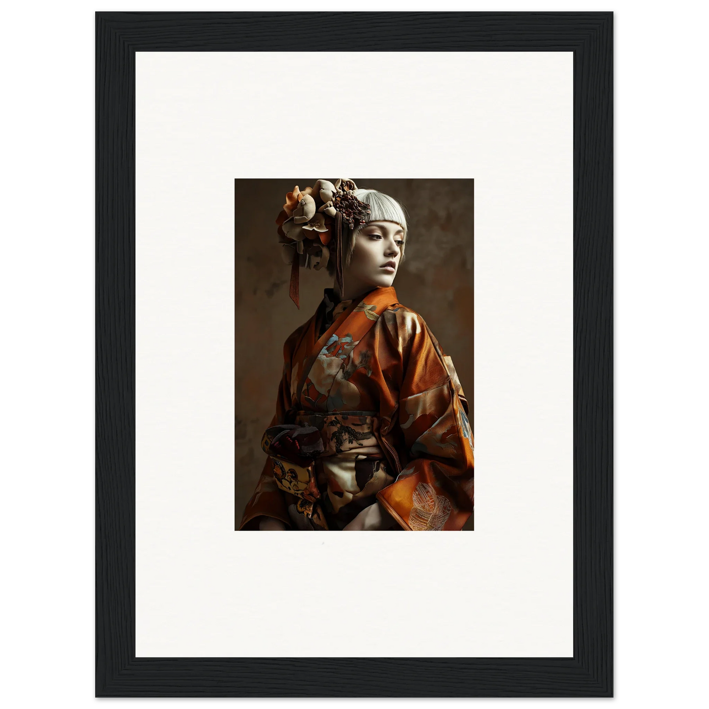 Framed wall art of a woman in traditional Asian attire with shadows whispering