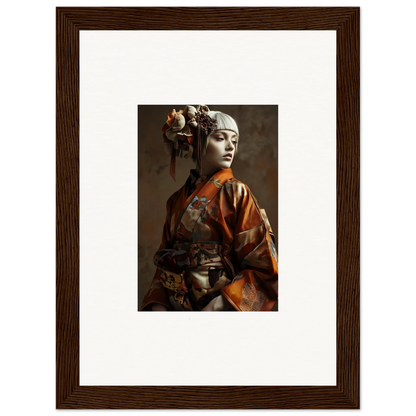 Framed wall art of a woman in traditional Asian attire with shadows whispering