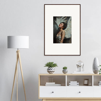 Framed wall art of a woman with angel wings showcasing feathered elegance for room decor