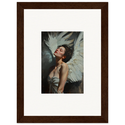 Framed wall art of a woman with angel wings showcasing feathered elegance in room decor