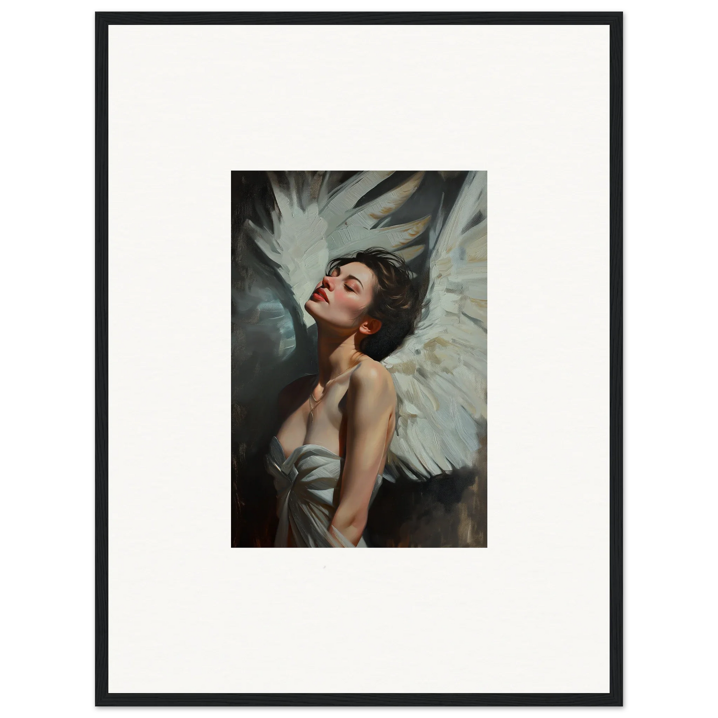 Framed wall art featuring a woman with angel wings for elegant room decor