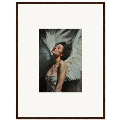 Framed wall art of a woman with angel wings, showcasing feathered elegance in room decor