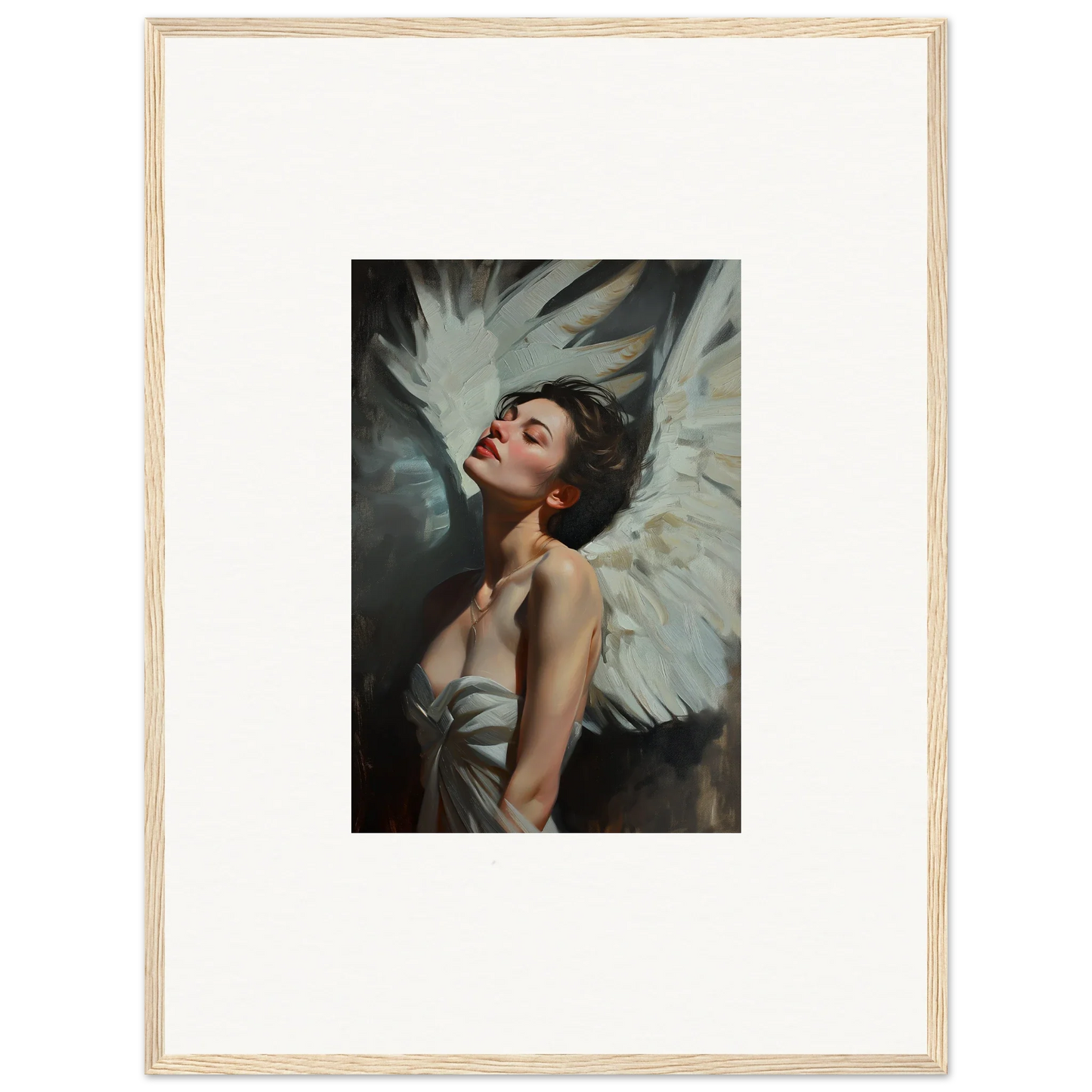 Framed wall art of a woman with angel wings exuding feathered elegance for room decor