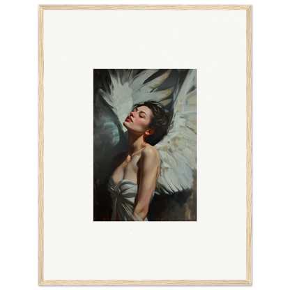 Framed wall art of a woman with angel wings exuding feathered elegance for room decor