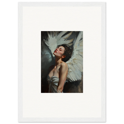 Framed portrait of a woman with angel wings for elegant room decor and feathered elegance