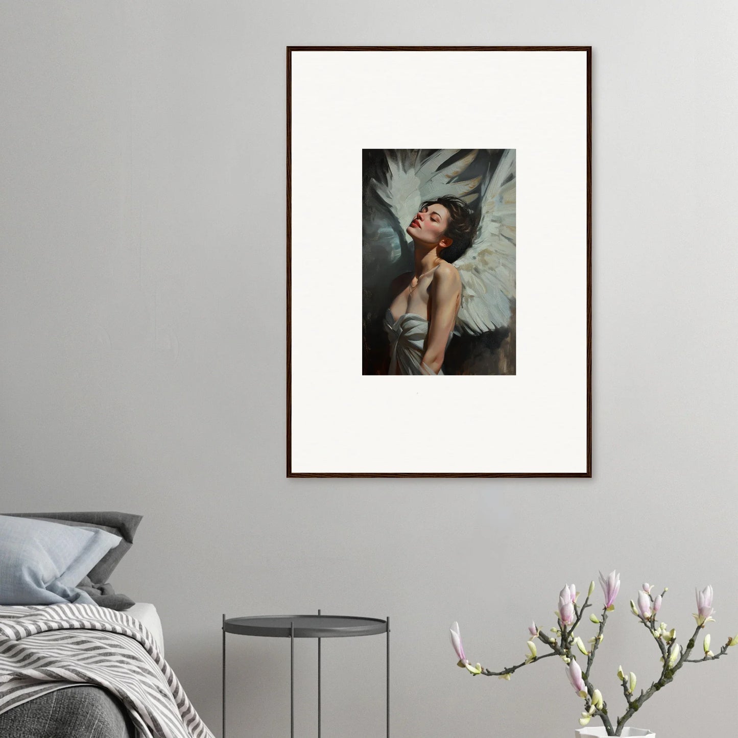 Framed wall art of a woman with angel wings showcasing feathered elegance for room decor