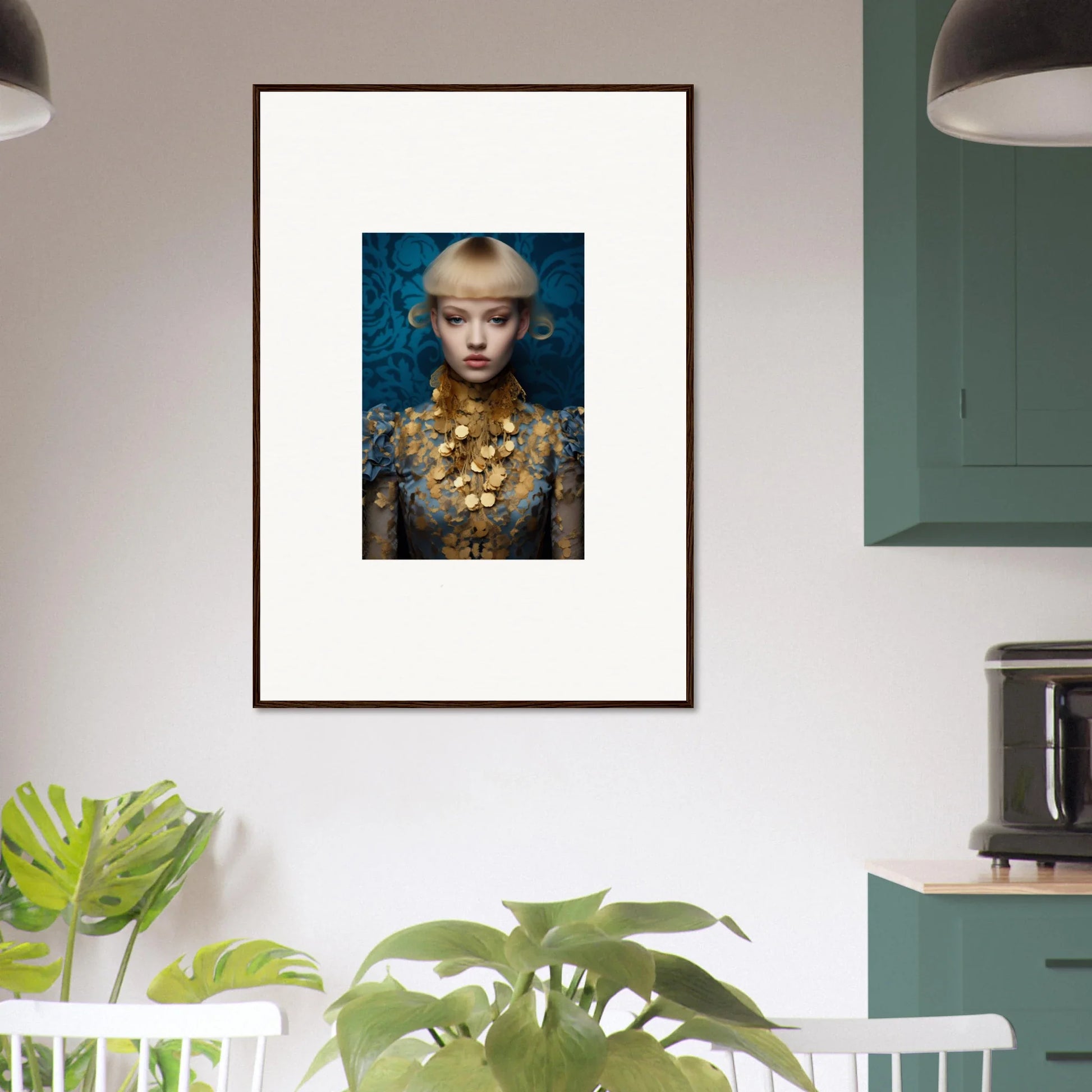 Framed wall art of a woman with blonde hair and delicate blossom gold accessories