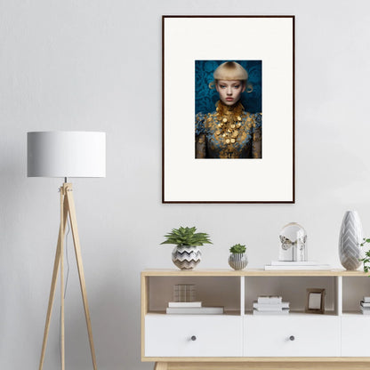 Framed wall art of a woman with blonde hair and gold jewelry for elegant room decor