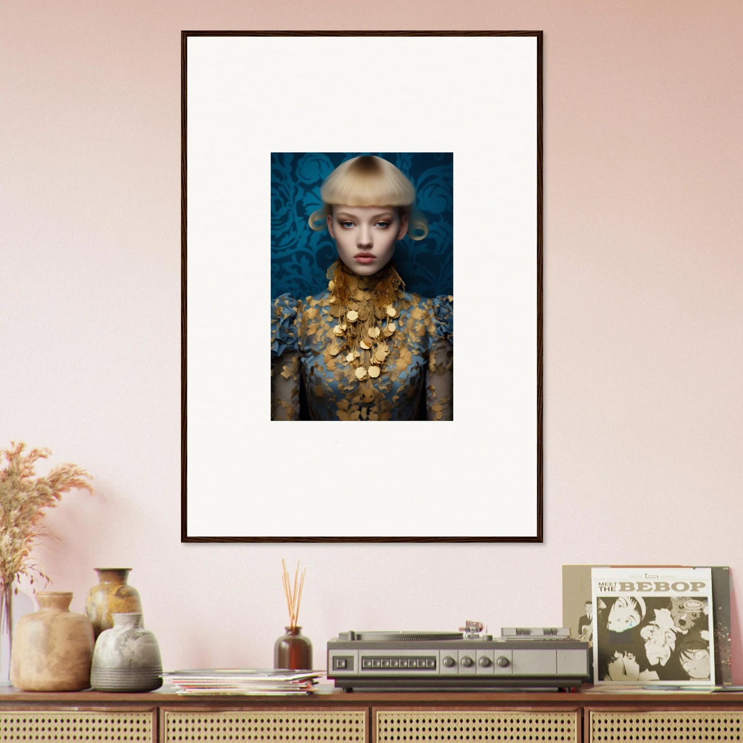 Framed wall art of a woman with blonde hair in gold jewelry, perfect for room decor