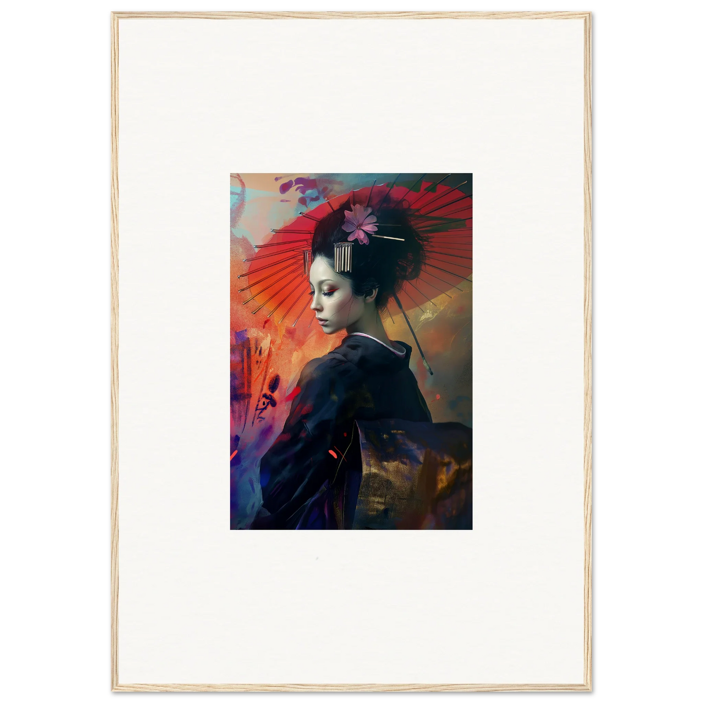 Framed wall art of a woman in a silken realm with colorful abstract elements