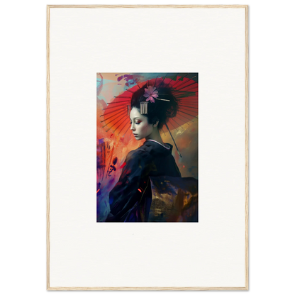 Framed wall art of a woman in a silken realm with colorful abstract elements