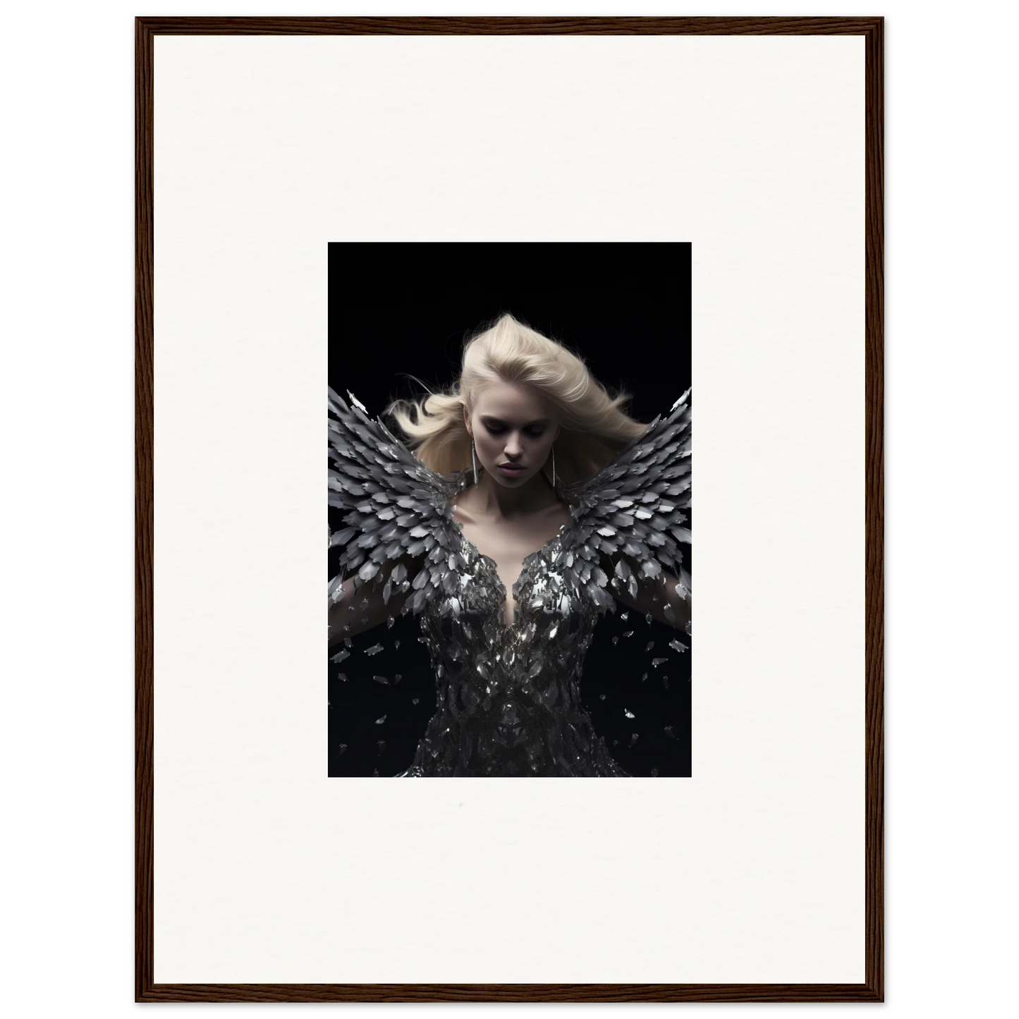 Framed wall art of a woman with dark wings for elegant room decor, Phantom Reverie