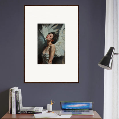 Framed wall art of a woman with feathered elegance and white wings for chic room decor