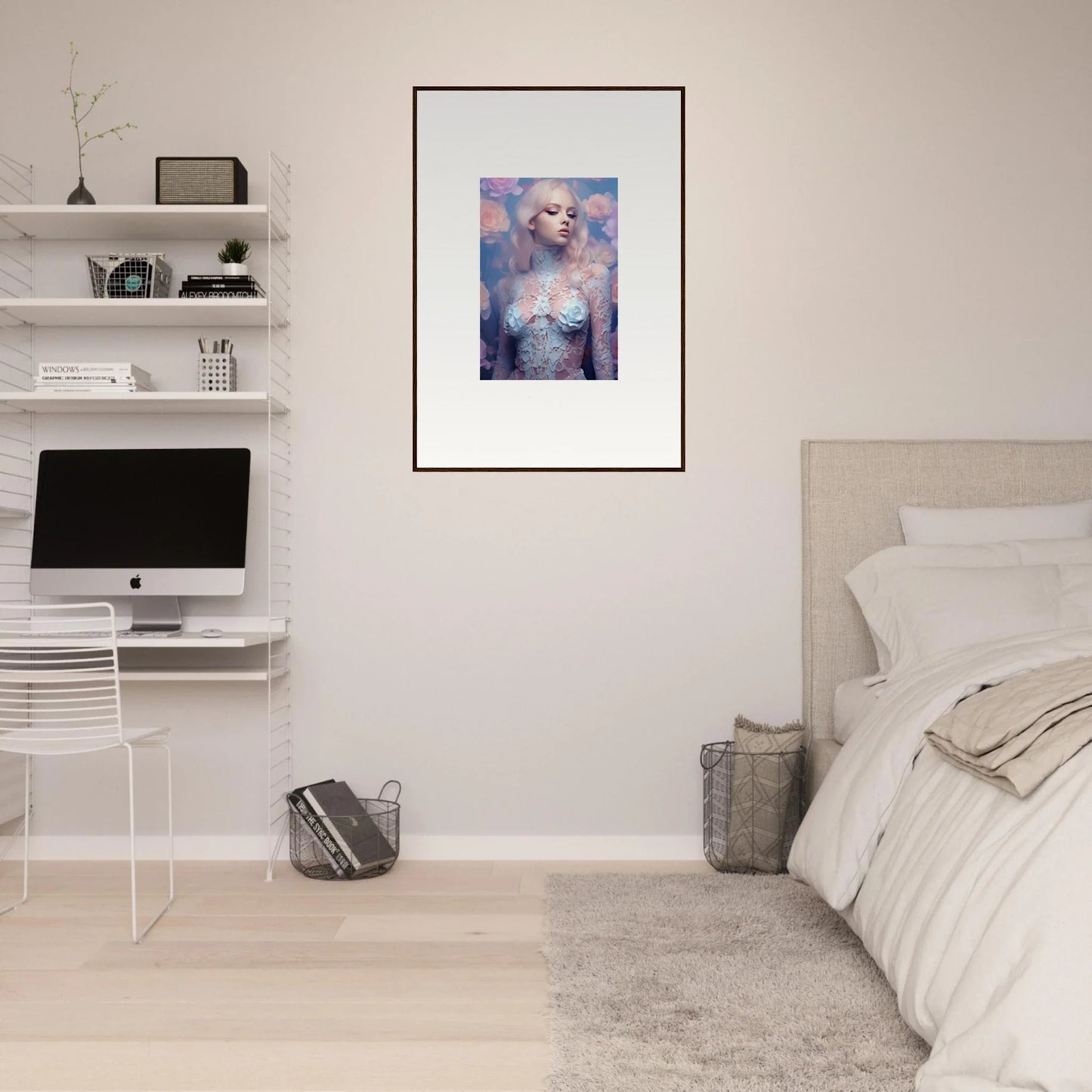 Framed wall art of a woman with fantasy makeup, perfect for room decor and petal vapor themes