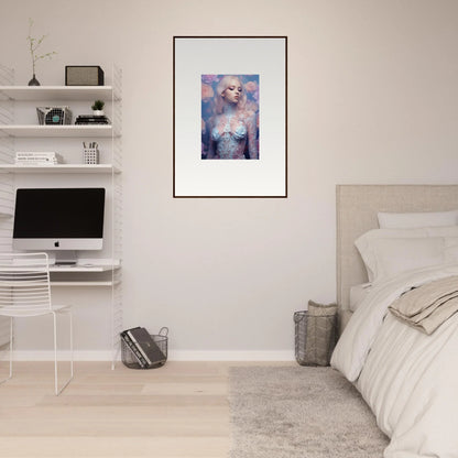 Framed wall art of a woman with fantasy makeup, perfect for room decor and petal vapor themes