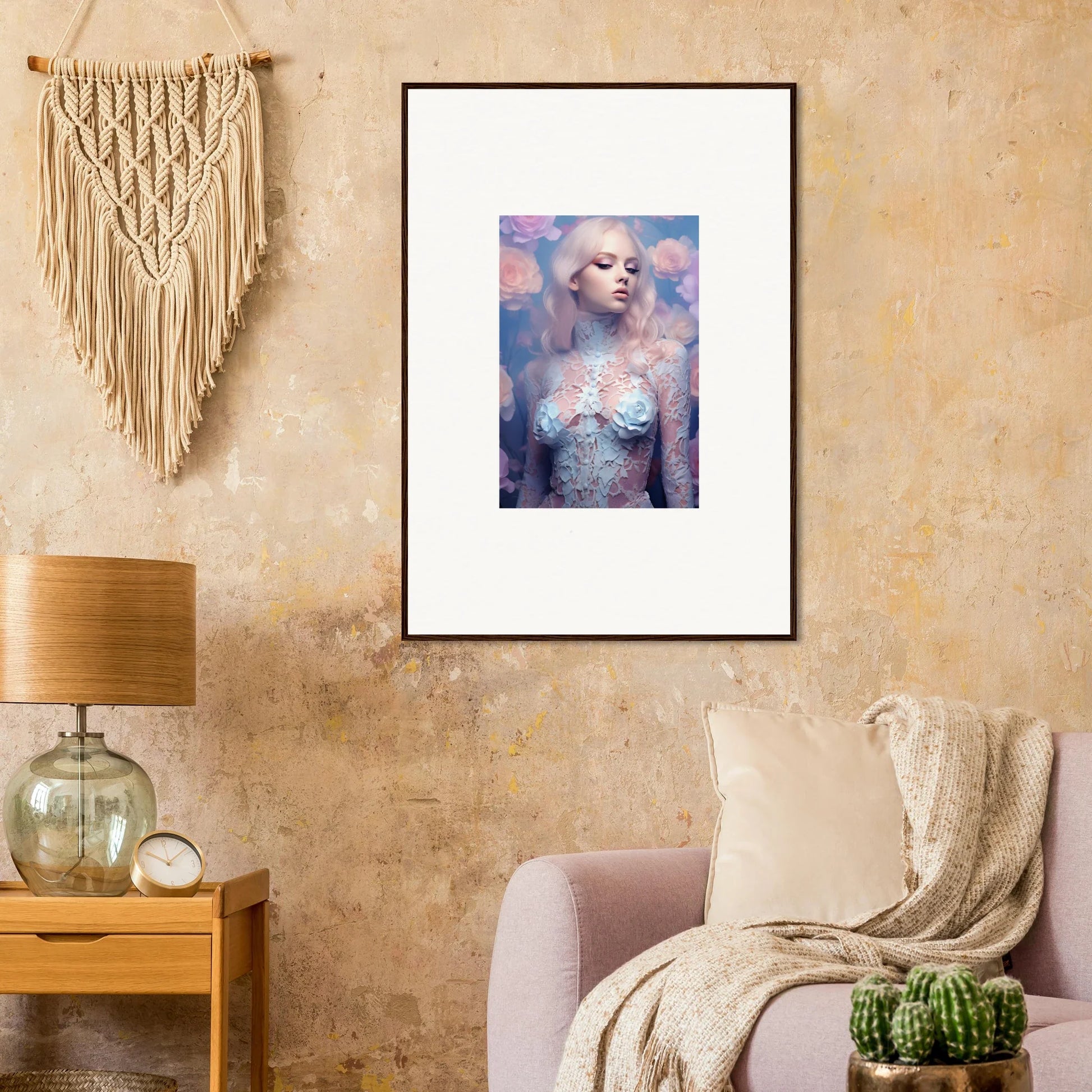 Framed wall art of a woman with lavender hair in dreamy pastel petal vapor decor