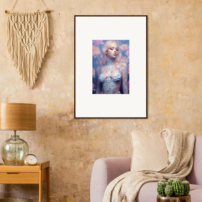 Framed wall art of a woman with lavender hair in dreamy pastel petal vapor decor