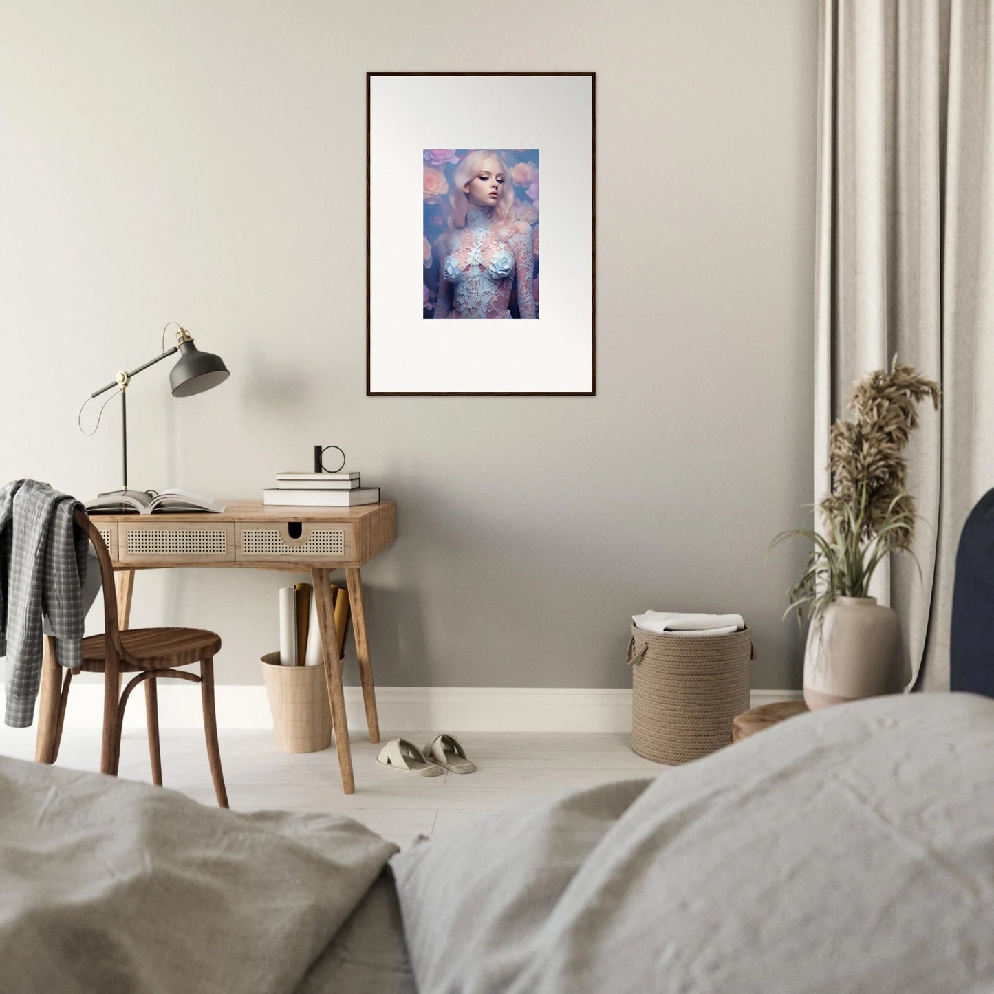 Framed wall art of a woman in blue, perfect for enchanting room decor with petal vapor