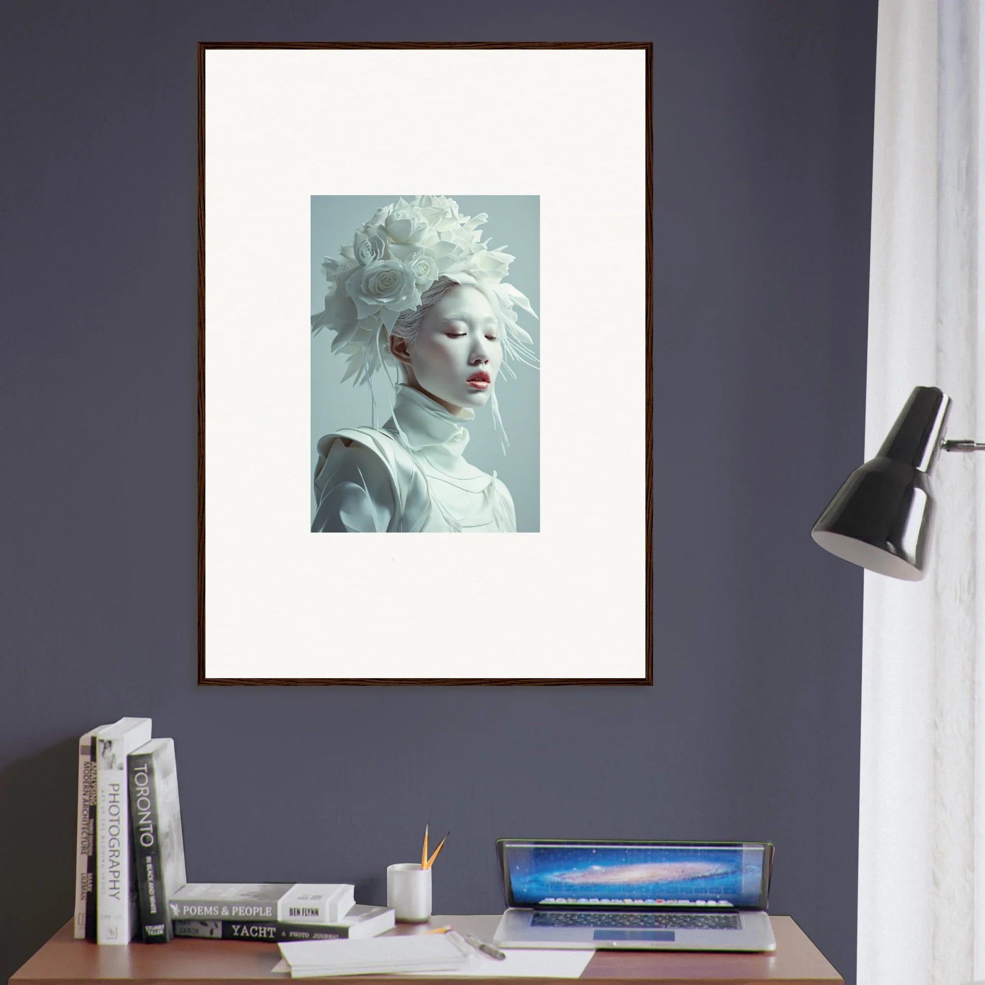 Framed wall art of a florid creature with pale skin and white hair on blue background