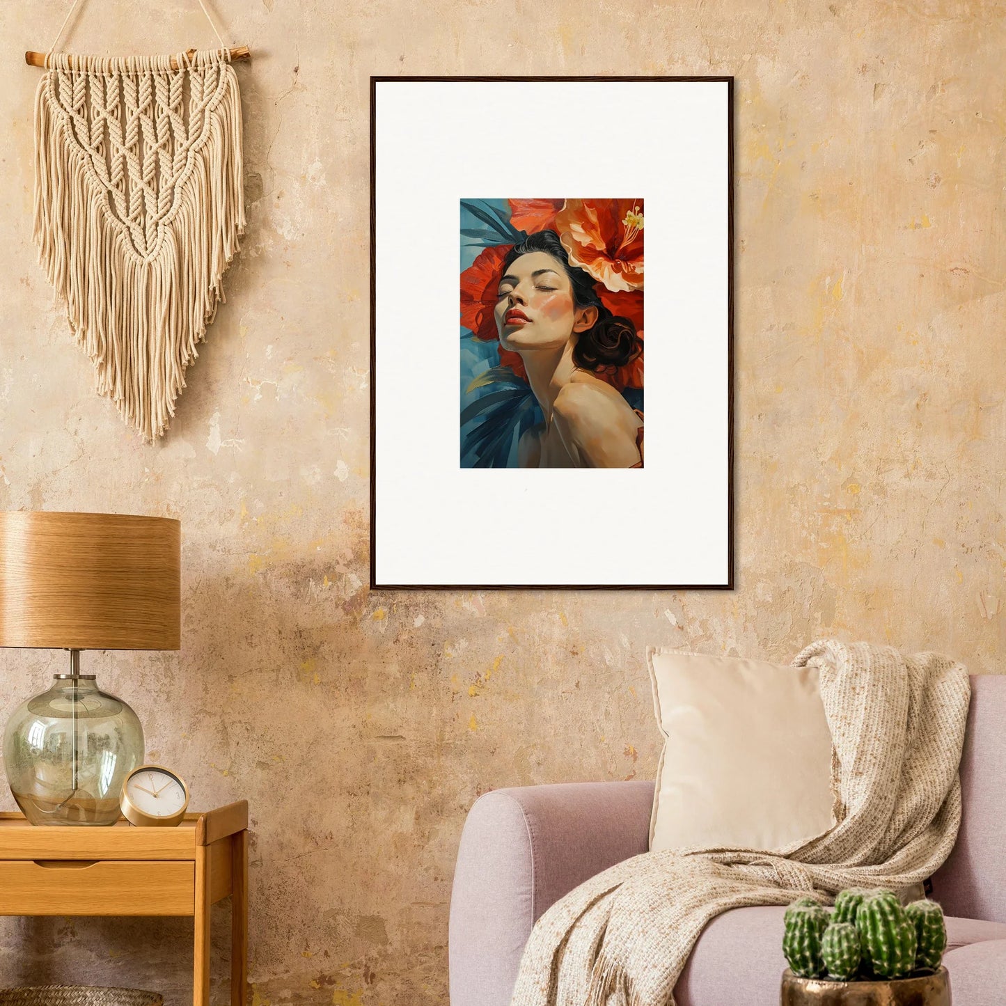 Framed wall art of woman with red-orange tones for vibrant room decor, Petal Palpitation