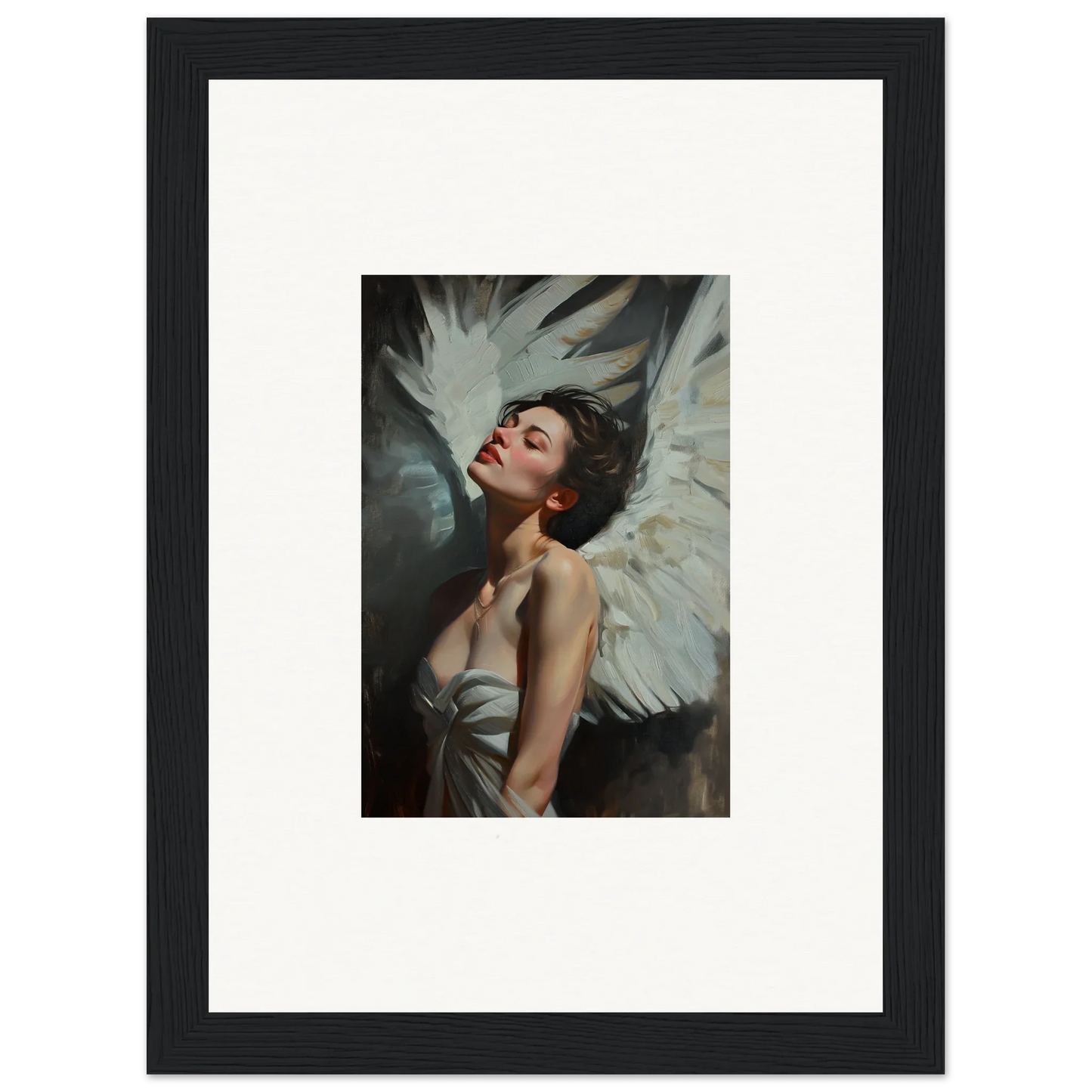 Framed wall art of a woman with white wings showcasing feathered elegance for room decor