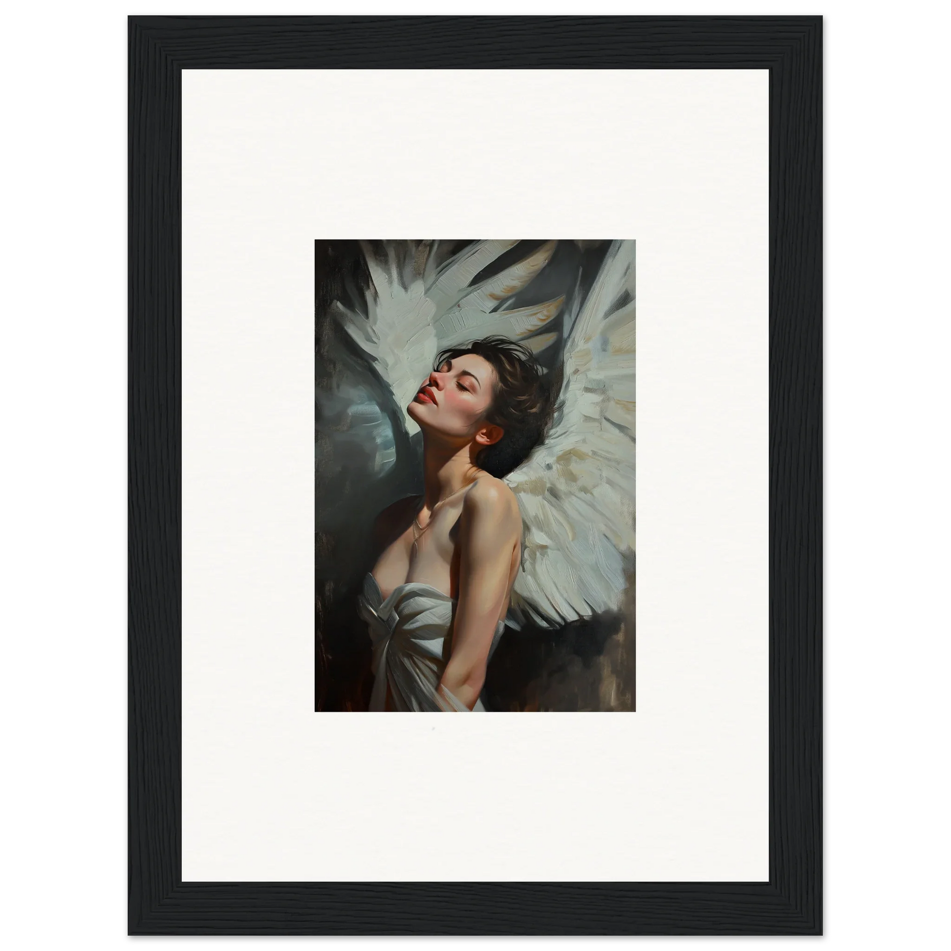 Framed wall art of a woman with white wings showcasing feathered elegance for room decor