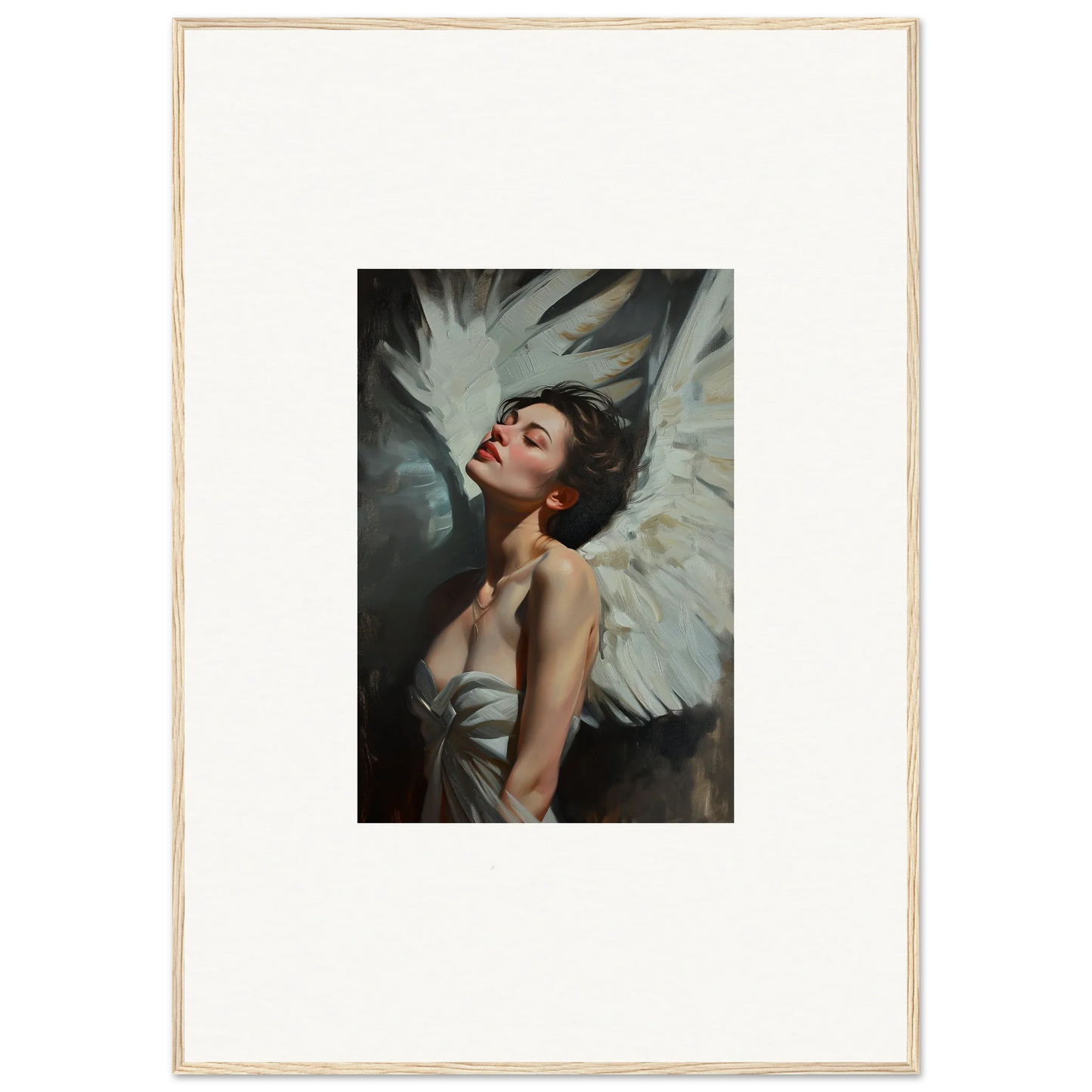 Framed wall art of a woman with white wings showcasing feathered elegance in a dramatic pose