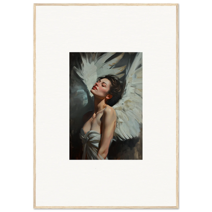 Framed wall art of a woman with white wings showcasing feathered elegance in a dramatic pose