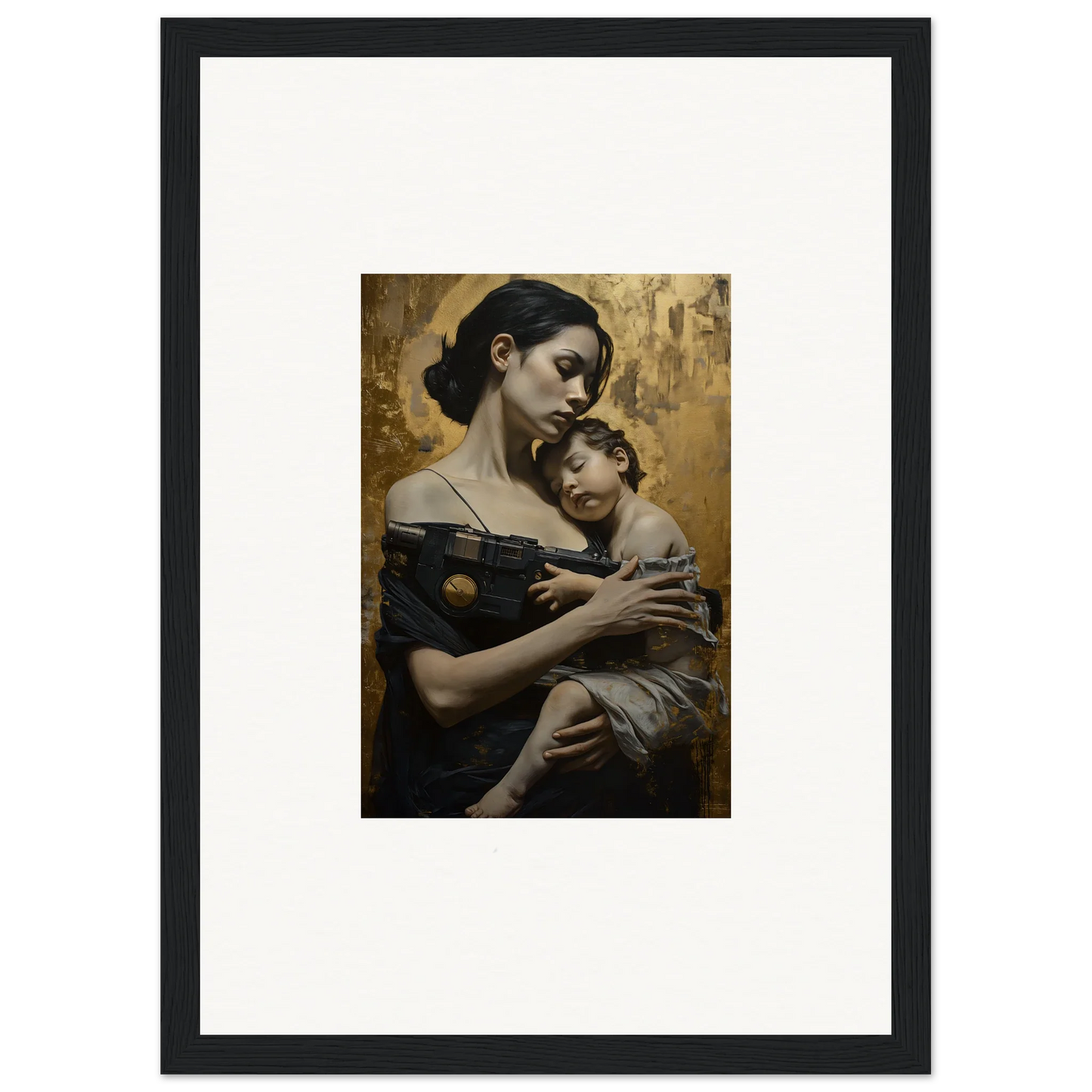 Framed wall art of a woman with child, part of the Golden Protector Diptych for room decor