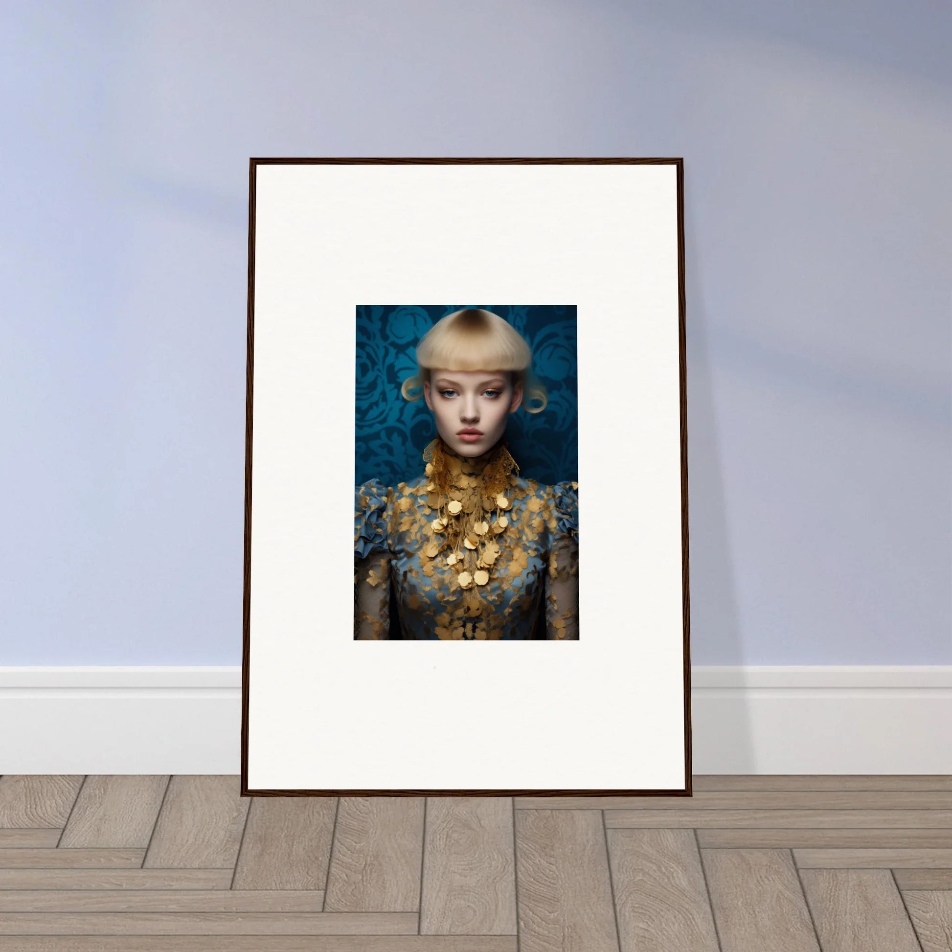 Framed wall art of a young woman in gold jewelry with delicate blossom theme