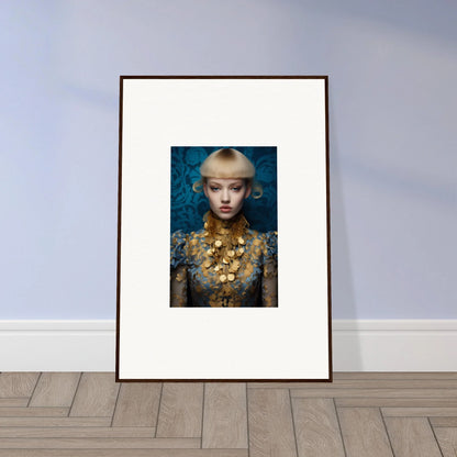 Framed wall art of a young woman in gold jewelry with delicate blossom theme