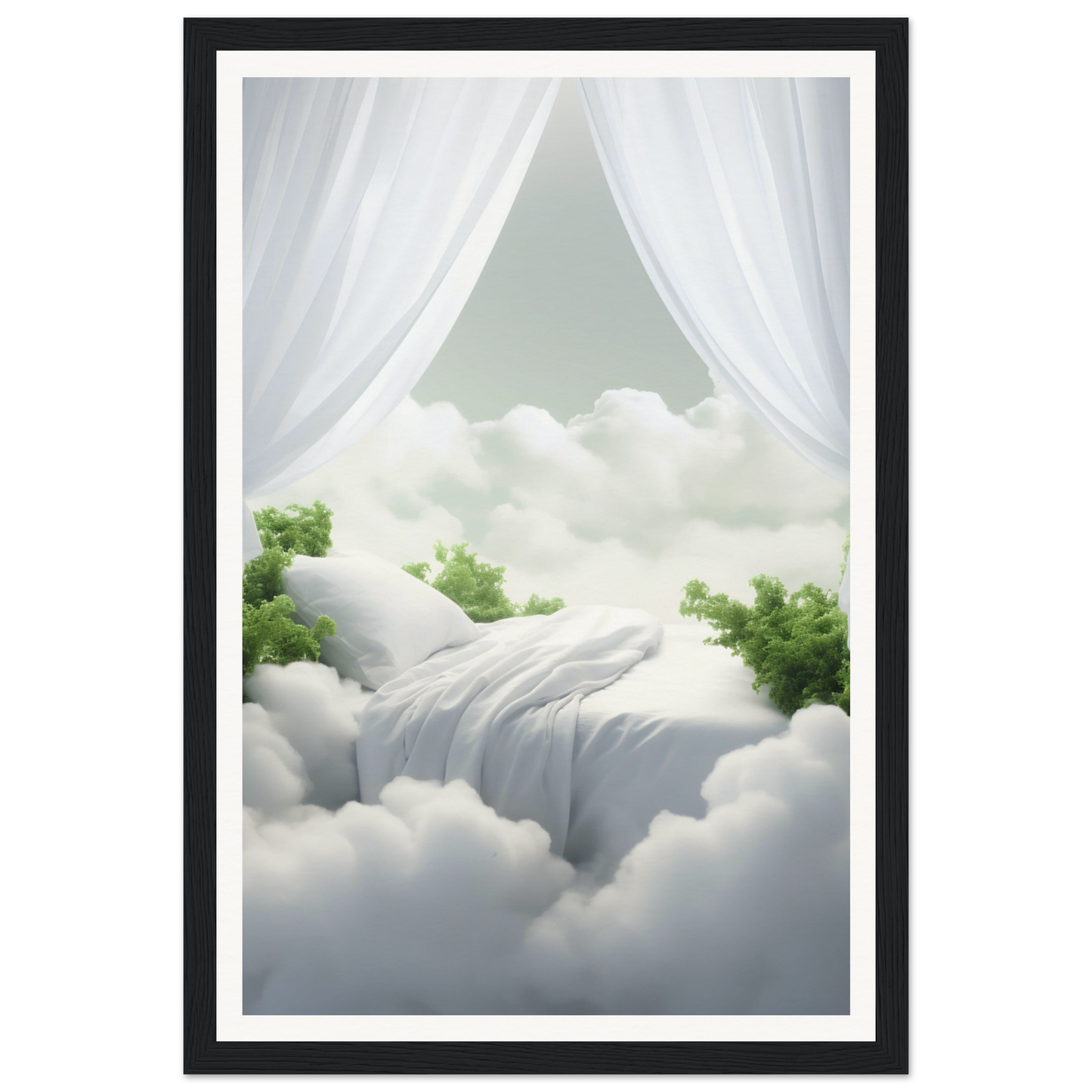 A framed print of a bed with a curtain over it