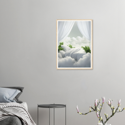 A framed print of a bed with a white curtain and a green plant in the middle